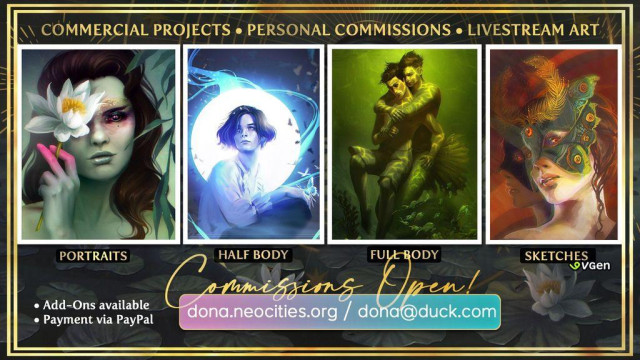 Commission banner with samples and contact info.