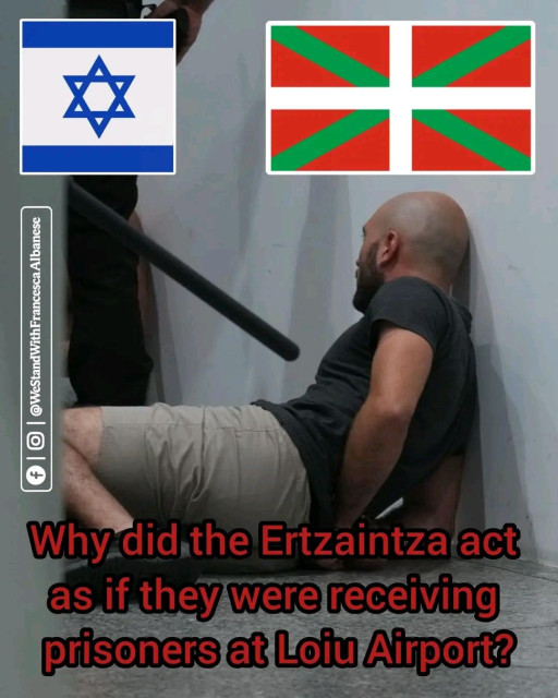 Image shows a Gaza flotilla activist being beaten with a baton while handcuffed by the Ertzaintza after returning home to Basque Country.

The caption on the image reads: Why did the Ertzaintza act as if they were receiving prisoners at Loiu Airport?