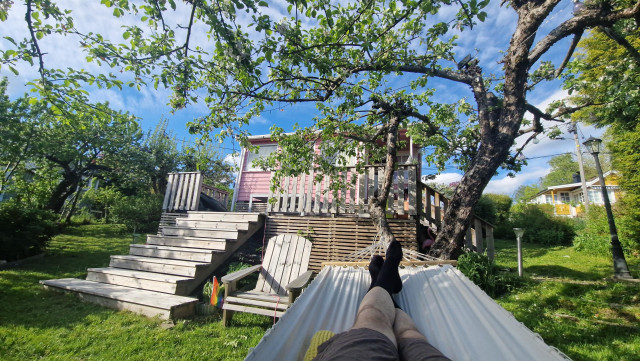 Me in a hammock under two Apple trees in front of a tiny pink house in my "kolonihage"