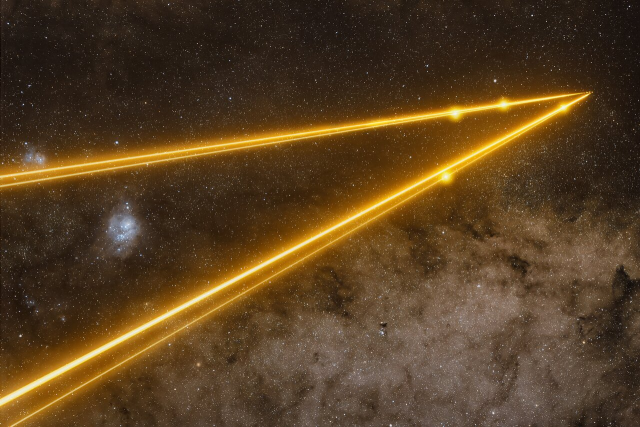Four yellow laser lines form two sides of a triangle (two lasers for each side), which reaches from the left-hand side of the image to a point in the top right. A closer look at the point of the triangle shows that the lines don’t fully meet but each end in a tiny point. Each line has a glowing spot on it, nearby to the point of the triangle, and together the four yellow spots make a trapezium shape. The backdrop is a starry night sky, with large bright grey clouds on the bottom right and two small bright bluish clouds on the left, one inside the laser triangle and the other above it