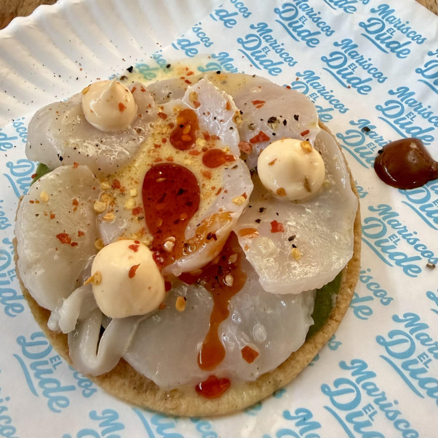A photo of scallop tostada 

