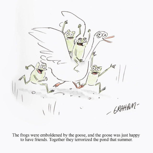 A cartoon illustration of a group of rambunctious frogs riding around on an excited white goose. Caption reads "The frogs were emboldened by the goose, and the goose was just happy to have friends. Together they terrorized the pond that summer."
