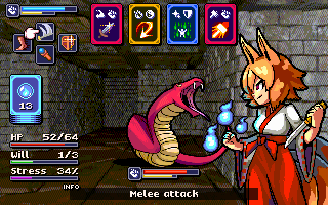a kitsune with blue magic orbs and a tanto faces off against a giant snake set to a crunchy dithered 3D blobber dungeon background. at the top are 4 cards, with red, yellow and blue colors. the cards have one big icon indicating its type, and 2 small icons indicating the damage type (slashing, fire, holy, smashing) and associated stance (aggressive, balanced, guarded).

in the top left and below the enemy are widgets that have a stance icon, indicating the stances for the player and enemy, as well as a turn gauge where a turn can be taken when full. the larger bar for the enemy is red indicating HP, while for the player its blue indicating focus, which allows for drawing cards from the library to the player's deck when full.

under the top left widget are 4 icons representing melee attack, magic attack, defense, and run. below that on the left center is the players deck showing the number of cards remaining. below that in the bottom left are the player's HP, will (for willpower) and stress.

a pointing hand cursor points at the melee attack action icon. at the bottom of the screen is a darkened horizontal bar with a little "info" tag which says "Melee attack"