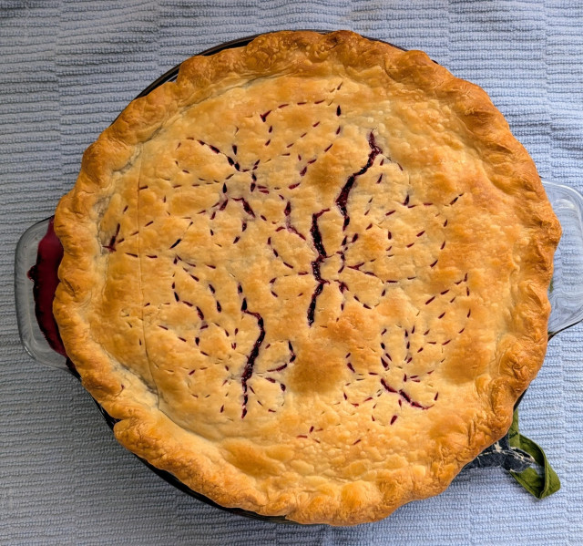A berry pie hot out of the oven to cool. I cut the vent design in the top crust in the shape of flowers.