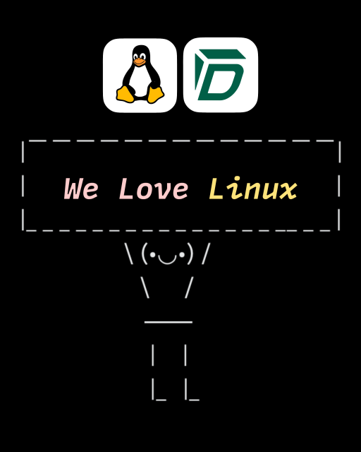 Penguin and Tuta Drive logo with man holding up a sign saying "We love Linux"