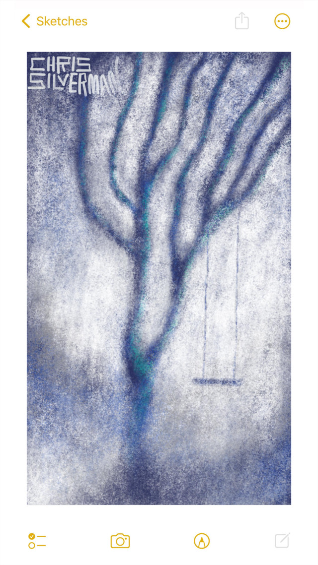 An eerily blurry scene: a tree with long, thin, wavy branches stands against a white sky. Hanging from one of the branches is a crude swing with nobody on it. The entire scene is rough, grainy, and rendered in shades of dark blue, gray, white, and tinges of green. The painting is signed "Chris Silverman".