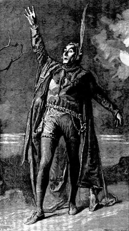 Henry Irving is widely considered to have inspired Dracula.

John Bernard Partridge - The Lyceum "Faust." By Joseph Hatton ... with illustrations from drawings by W. Telbin, Hawes Craven, W. H. Margetson, J. Bernard Partridge, and Helen H. Hatton

Taken from "The Ilustrated London News"

A black-and-white engraving of a theatrical figure in a sweeping dark cape, one arm thrust skyward, the other outstretched. He wears a pointed cap, tight hose, and an ornate belt, with a pallid, wide-eyed expression of dark exultation.

https://en.wikipedia.org/wiki/Dracula#/media/File:Mephistophles_on_the_Brocken_(cropped).jpg