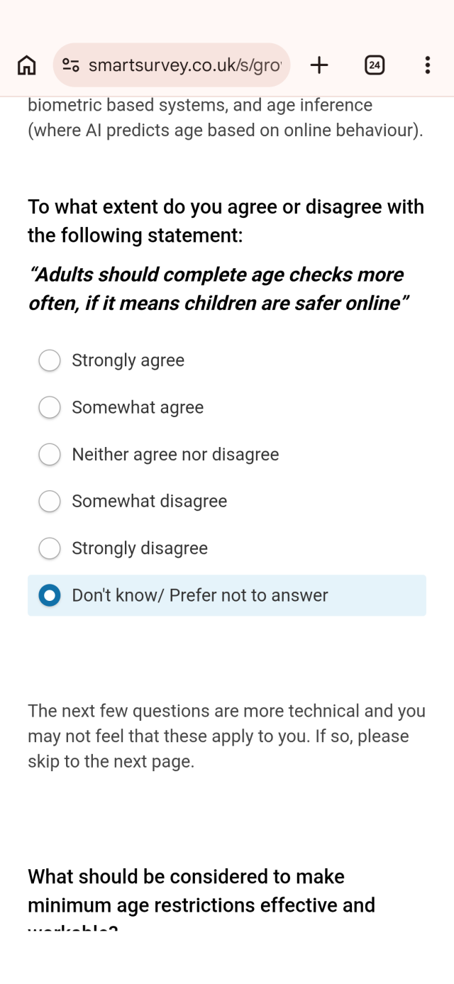 Screenshot of online safety act consultation question: "to what extent do you agree or disagree with the following statement: adults should complete age checks more often, if it means children are safer online"