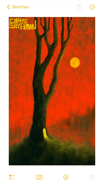 A thin tree with only a few tall, straight branches and no leaves stands against a red sky. A yellow sun, or maybe a full moon, sits in the sky above a blurry treeline. At the base of the trunk is a small arched doorway glowing yellow, casting a yellowish light out onto the grass. The painting is signed "Chris Silverman".
