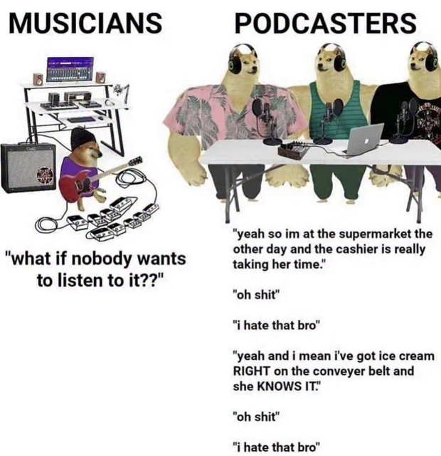 A comparative meme using the "Swole Doge" and "Cheems" characters. On the left, a small Cheems dog represents "MUSICIANS," nervously playing a guitar surrounded by gear, with the text "what if nobody wants to listen to it??". On the right, three muscular Swole Doge characters represent "PODCASTERS" sitting at a table with microphones, confidently having a mundane conversation about a slow supermarket cashier.
