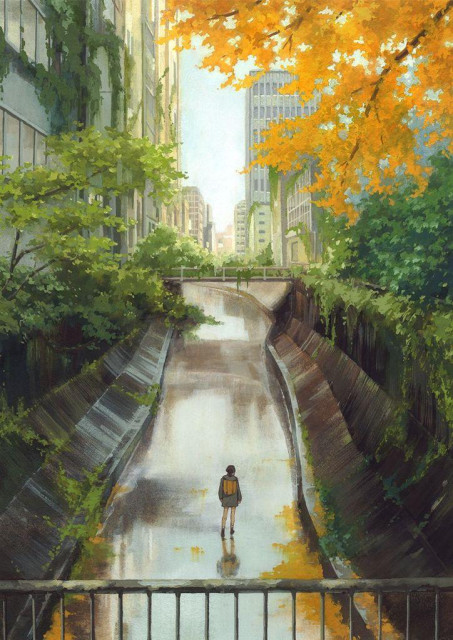 a traditional painting of a city canal, with a golden tree in the foreground
