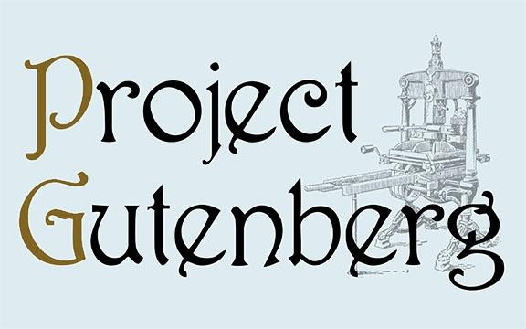 The logo of Project Gutenberg, featuring the name in a medieval-style typeface — "Project" in gold and "Gutenberg" in black — against a pale blue background. A detailed engraving of a 15th-century printing press is incorporated into the design, referencing Johannes Gutenberg's invention that revolutionised book production.

https://www.gutenberg.org/