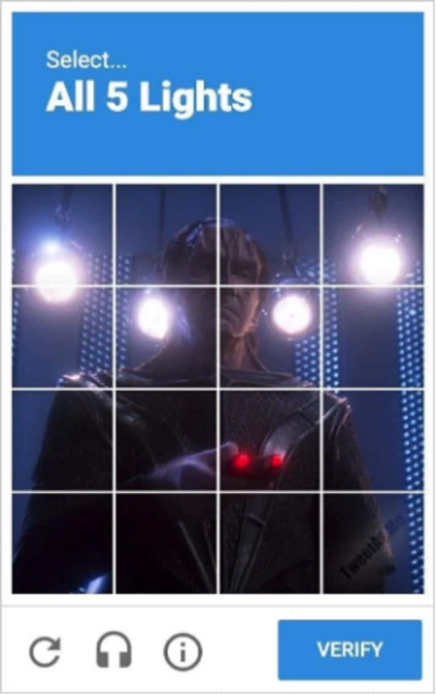 A CAPTCHA image of a Particular Cardassian divided into a grid. Behind him are (approximately) four lights. The CAPTCHA instructions state: Select All 5 Lights.