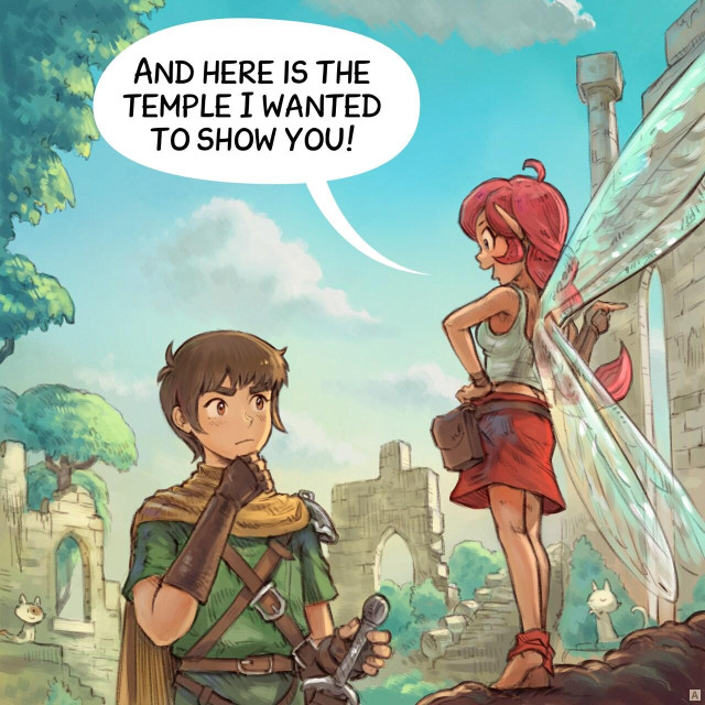 Panel 1. The Adventurer and the Pink-Fairy walk through the overgrown ruins of an ancient temple. Many cats are around. The adventurer is unimpressed.  
> Pink-Fairy: "And here is the temple I wanted to show you!"