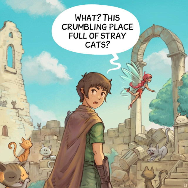 Panel 2. They progress through it: more cats around. The Adventurer really don't understand what's so special about this place while the Pink-Fairy is happy.  
> Adventurer: "What? This crumbling place full of stray cats?"