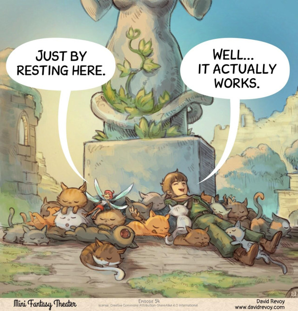 Panel 4. Zoom back. The adventurer and fairy are now lying in the middle of many cats, cuddling and sleeping with big smiles.  
> Pink-fairy: "Just by resting here."  
> Adventurer: "Well... it actually works."