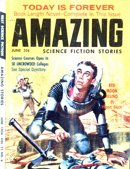 A man in a space suit is on his hands and knees, reaching out toward what appear to be air tanks but hesitating. A tomahawk is buried in the ground just in front of him. Another man is in the background, his helmet is off and he is gasping.
Amazing Stories magazine cover from 1958.
