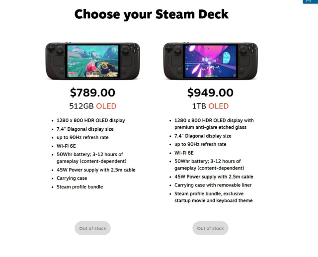 Choose your Steam Deck
- 512GB OLED: 789 US$
- 1TB OLED: 948 US$