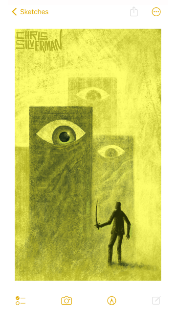Three tall rectangular objects that look sort of like skyscrapers stand at varying distances against a yellowish green sky. They are not buildings, and have no windows. Each has an uneven surface texture, and a single eye at the top. All three are staring at a figure in front of them, holding a sword. The painting is signed "Chris Silverman".