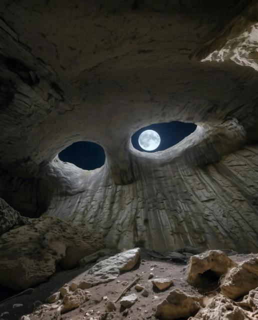 A photograph taken inside a cave at night. The camera is aimed upwards, pointing at two holes in the ceiling that look like human eyes. A huge full Moon shines brightly through one of the wholes.