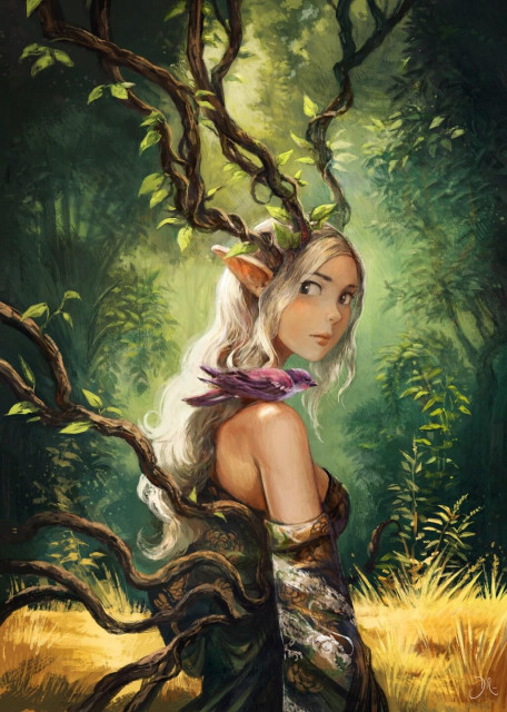 A digital painting with an artwork showing a dryad, silver hair and leaf-tipped ears in a sunlit forest. Also living vines curl around her shoulders and torso and a small purple bird perches on her shoulder. Golden grass gives a good saturation boost in the yellow in the background.