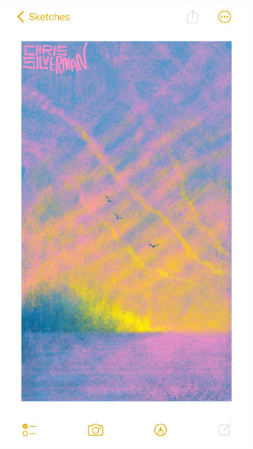 A scene at dusk. The sky is blue transitioning to pink, with bright yellow on the horizon. Also on the horizon is a row of trees, blazing yellow in the last sunlight. Stretching across the sky are three long contrails, shifting from pink to yellow. A few birds circle in the sky. The landscape is flat and barren, and could be either a plain or a body of water. The painting is signed "Chris Silverman."