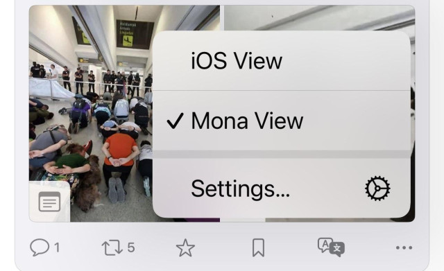 A screenshot of the settings within the Mona app. When I long-press on the translate option, I get the choice of iOS View, or Mona View to translate.