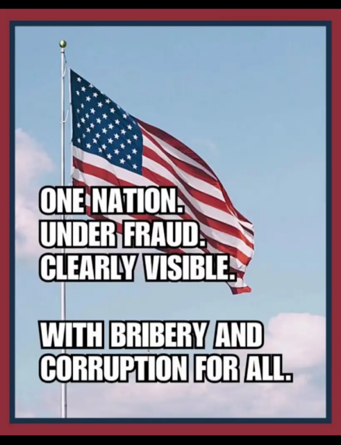 Usa flag in the background. Text reads "one nation. Under fraud. Clearly visible. With bribery and corruption for all."