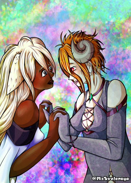 digital art of two girls who hold hand. one of them has long blond hair and animal ears. the other  has horns. they seem in love.