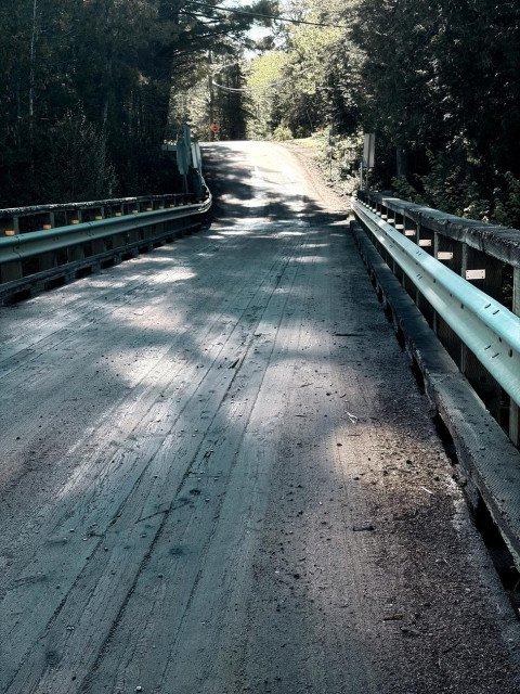 Photograph of a small wooden plank bridge, with wooden railings and metal railings on either side, half in shadow with sunlight breaking through the foliage of the trees and illuminating the surface. Further on, on the other side of the bridge, the road climbs quickly, illuminated by the sun and surrounded by forest.

Photographie d'un petit pont en planches de bois, avec des rampes en bois et des garde-fous en métal de chaque côté, à moitié dans l'ombre avec du soleil qui perce à travers le feuillage des arbres et qui éclaire la surface. Plus loin, de l'autre côté du pont, la route remonte rapidement, illuminée de soleil et entourée de forêt.