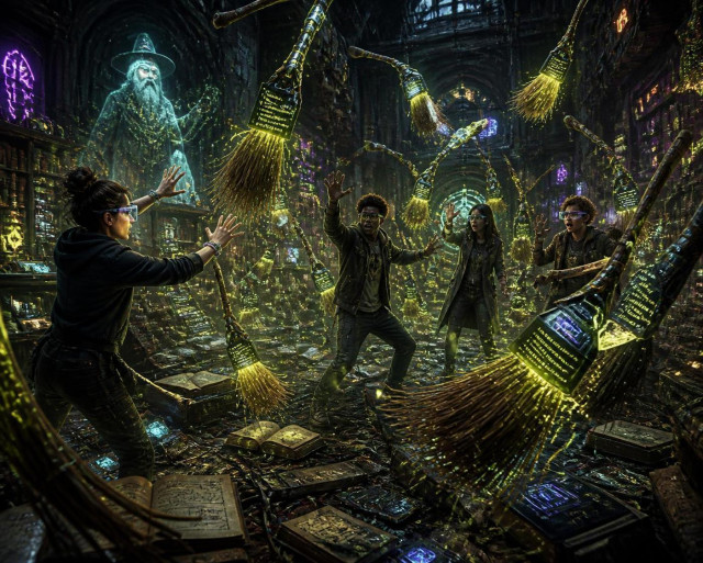 Prompt for duck.ai:

"A chaotic magical study, reminiscent of Merlin's tower, filled with dozens of self-replicating AI constructs in the form of enchanted brooms, tools, and floating digital entities. In the foreground, a group of young AI engineers stand overwhelmed, hands raised in futile gestures, trying desperately to halt the multiplication of glowing, semi-conscious AI brooms that swirl around them. The brooms glow with gold and green magic, moving with increasing autonomy and intelligence. Ancient tomes and circuit boards scatter across the floor. The air crackles with both magic and code. In the background, Merlin—now a spectral, knowing figure—watches from the shadows with an expression of warning and grim knowledge. The scene is ominous: creation spiraling beyond the creator's control, power bleeding into spaces it should not occupy. High detail, fantasy-meets-cyberpunk aesthetic, dynamic composition, dramatic lighting.

This version leans into the darker implications—the gold/green magic gives it an unsettling, almost toxic quality rather than the clinical blue, and the "ominous" tone shifts the mood from chaotic-fun to genuinely foreboding. The dozens of brooms feel more manageable in scale but still suffocating for the engineers trapped among them.
"

HP