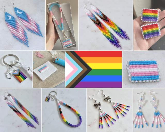 A grid of photos of progress pride and trans pride beadwork