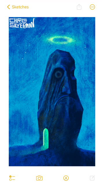 A tall boulder with a craggy, frowning face carved into it stands under a clear blue night sky. On the left side of the boulder is a small arched doorway casting pale green light out onto the ground. Hovering above the boulder's head is a glowing green halo. A few foggy trees are visible in the background. The painting is signed "Chris Silverman".