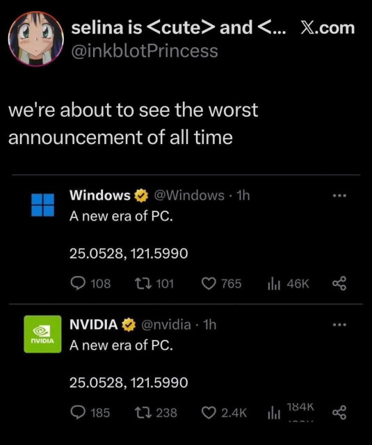 A post from Twitter now currently X quoting the official windows and Nvidia account who made the same post saying "a new era of PC" with a bunch of numbers and comment "we're about to see the worst announcement of all time".