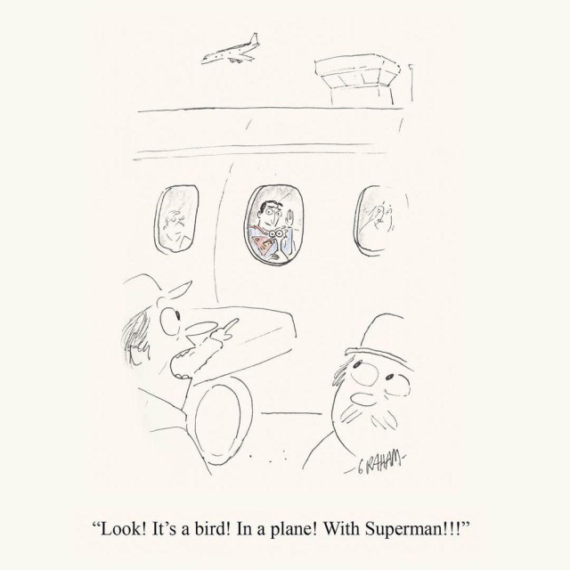 A cartoon illustration of a surprised man exclaiming and pointing at an airplane window where Superman is waving with a bird sitting on his lap. Caption reads "Look! It's a bird! In a plane! With Superman!!!"