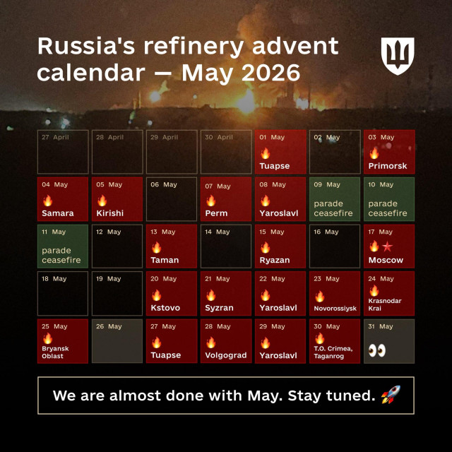 russia's refinery advent calendar – May 2026: Attacks on tuapse, primorsk, damara, kirishi, perm, yaroslavl, and more. Source: Ministry of Defence of Ukraine