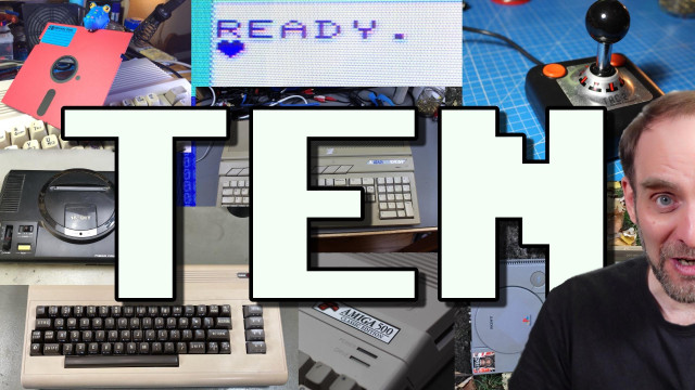 Thumbnail for my video, showing a collage of pictures of: a toy dinosaur with a red floppy disk in its mouth, a VIC-20 READY prompt with the cursor changed to a heart, a TAC-2 joystick, a Sega Mega Drive, an Atari 1040 STFM, a PlayStation leaning against a tree, an Amiga 500 with a "classic edition" badge, a classic Commodore 64 bread bin. There's a cut in half picture of myself making an astounded face on the right hand side. The overlayed big text reads "TEN".