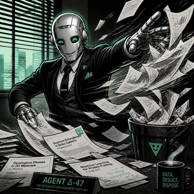 A robot furiously sorting through academic papers and throwing most of them into a trash-can.