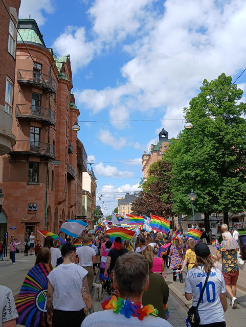 Pridetåg med många regnbågsflaggor
