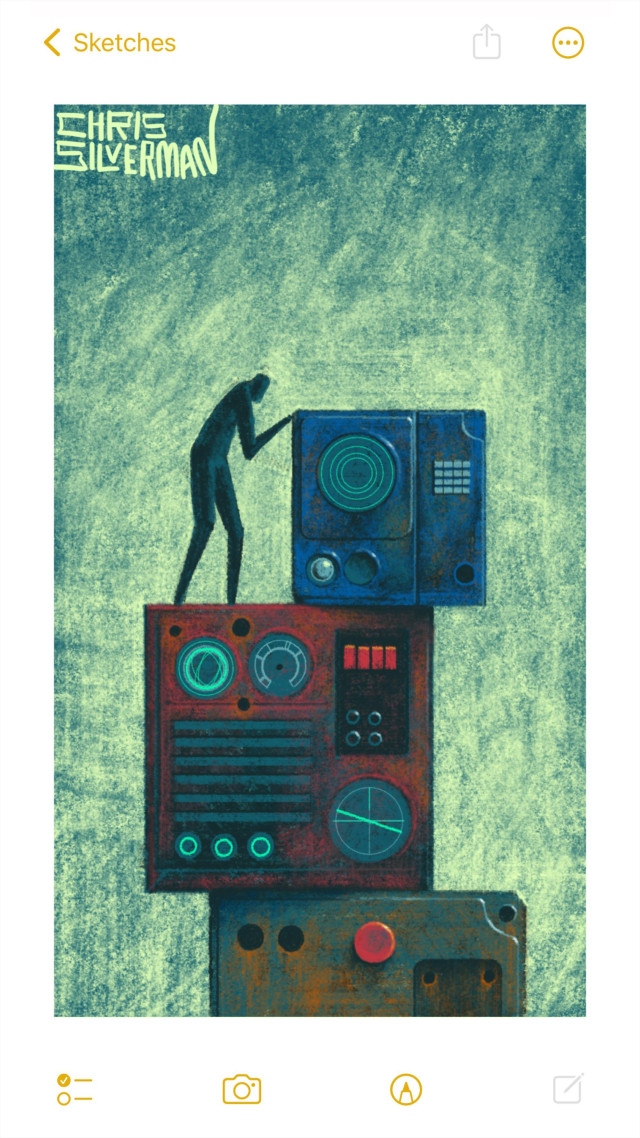 Several machines of indeterminate function and purpose, piled like boxes in a dull gray space. The machines have round holes, buttons, and dials, and are old and slightly rusty. The top one is blue, the middle one is red, and the lowest is a greenish gray. A person is standing on the second one, touching the topmost. The painting is signed "Chris Silverman".