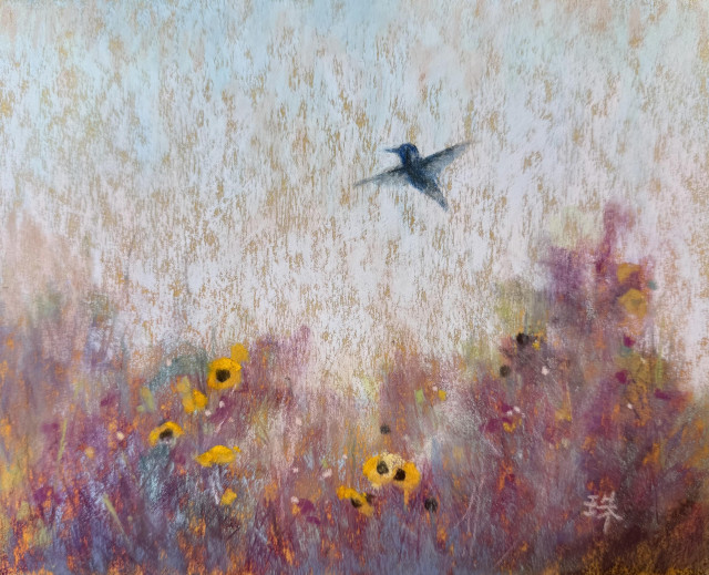 A small pastel painting of a silhouette of a hummingbird hovering over summer flowers. 