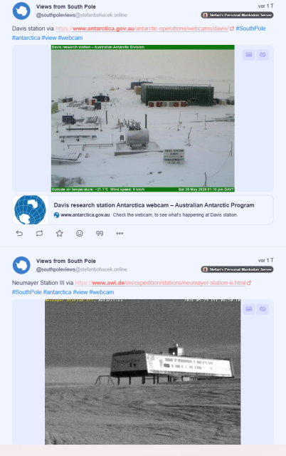 Screenshot der "Views from South Pole" Seite mit zwei Fotos von der Davis Station (die ich 2024 besucht habe) und der Neumayer-III Station (auf der ich 2019 gewohnt habe) 