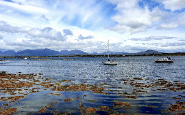 Short version: two boats in a bay. Fuller description: A white yacht, sail furled, and a white motor boat moored in a bay in Galway (not today). Blue rippling sea dotted with orange-brown seaweed (or algae or something). Blue sky with swirling low white clouds. On opposite side of bay, low mountains, blue-grey in a mist, like a ghostly coastline.