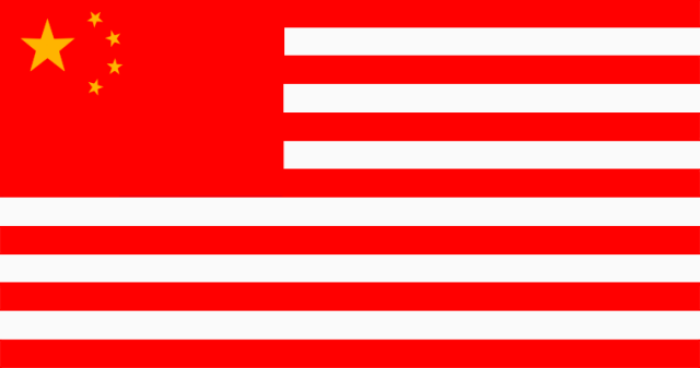 Image of a U.S. flag but with the blue section with stars replaced by  a Chinese flag.