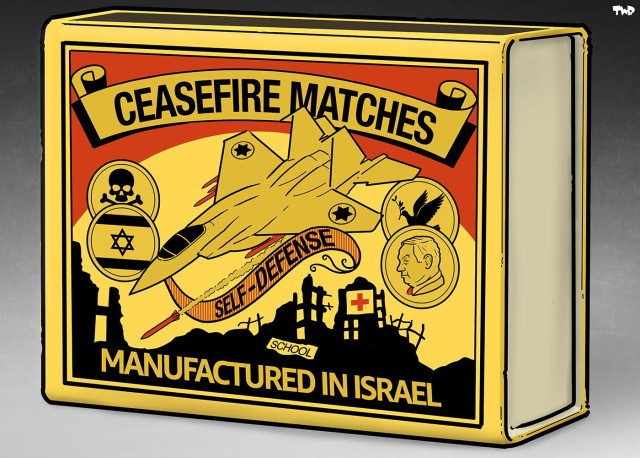 Cartoon showing a classic Swallow matchbox with lettering that reads 'Ceasefire matches'. Instead of the swallow, the matchbox shows an Israeli F15 firing a missile and a ribbon that says 'Self defense'. Below the F15 are the silhouettes of buildings in ruin, with a sign of a hospital and a school. Further ornaments on the matchbox include a small portrait of Netanyahu, a dove of peace, a skull and the flag of Israel.
