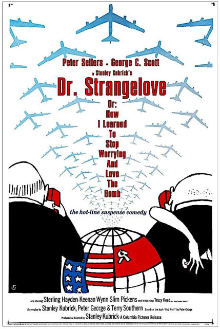 This minimalist movie poster for Stanley Kubrick's "Dr. Strangelove Or: How I Learned to Stop Worrying and Love the Bomb," featuring cover art by Tomi Ungerer, is a stylized graphic illustration set against a plain white background.

At the top, light blue silhouettes of B-52 bombers are arranged in a V-formation, radiating from the center toward the upper corners. The centered text begins with "Stanley Kubrick's" in a small black font, followed by "Peter Sellers • George C. Scott" in small red font. The main title, "Dr. Strangelove," is rendered in a large, bold, red, sans-serif font. Below it, the subtitle "Or: How I Learned To Stop Worrying And Love The Bomb" is stacked vertically in black, sans-serif font. Near the bottom, the phrase "the hot-line suspense comedy" appears in lowercase black, sans-serif font.

In the lower foreground, two black silhouettes of men in suits are seen from the back, framing the bottom corners, both holding red telephone receivers to their ears. Between them, a portion of a globe is visible, featuring a graphic design of the U.S. flag merging into a red field with a white symbol.

Fine black print at the bottom lists additional cast: "Sterling Hayden, Keenan Wynn, Slim Pickens and introducing Tracy Reed." It credits the screenplay to "Stanley Kubrick, Peter George & Terry Southern," notes the film is "Based on the book 'Red Alert' by Peter George," and concludes with "Produced & Directed by Stanley Kubrick - Columbia Pictures Release."
