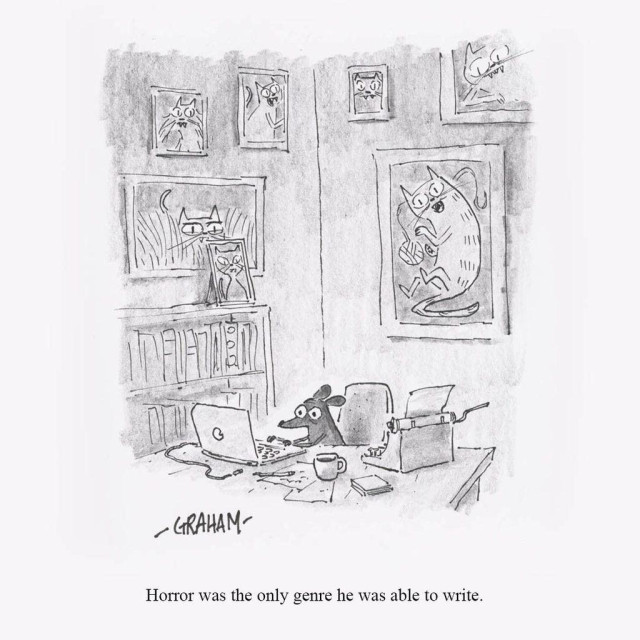 A cartoon illustration of a worried looking mouse working on his laptop in a room surrounded by images of cats. Caption reads "Horror was the only genre he was able to write."