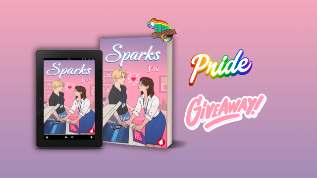 Pride Giveaway: Sparks by Jae. Depicted is the book on an ereader and the paperback version of the book, with a Pride-flag-colored chameleon perched on top. 