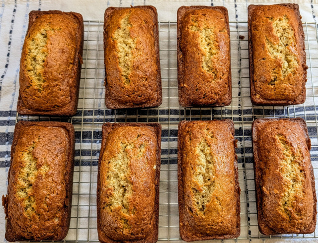 Eight loaves of banana walnut bread.