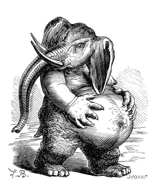 The demon Behemoth, described by the author as slow and dull-witted despite his high rank, is depicted with an elephant’s head, standing upright on his hind legs and cradling his prominent belly in both hands. He presides over gluttony and is occasionally identified as the devil’s cupbearer.